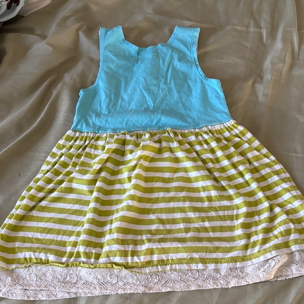 Jelly the Pug teal and Green Striped Kids Dress - Picture 3 of 3